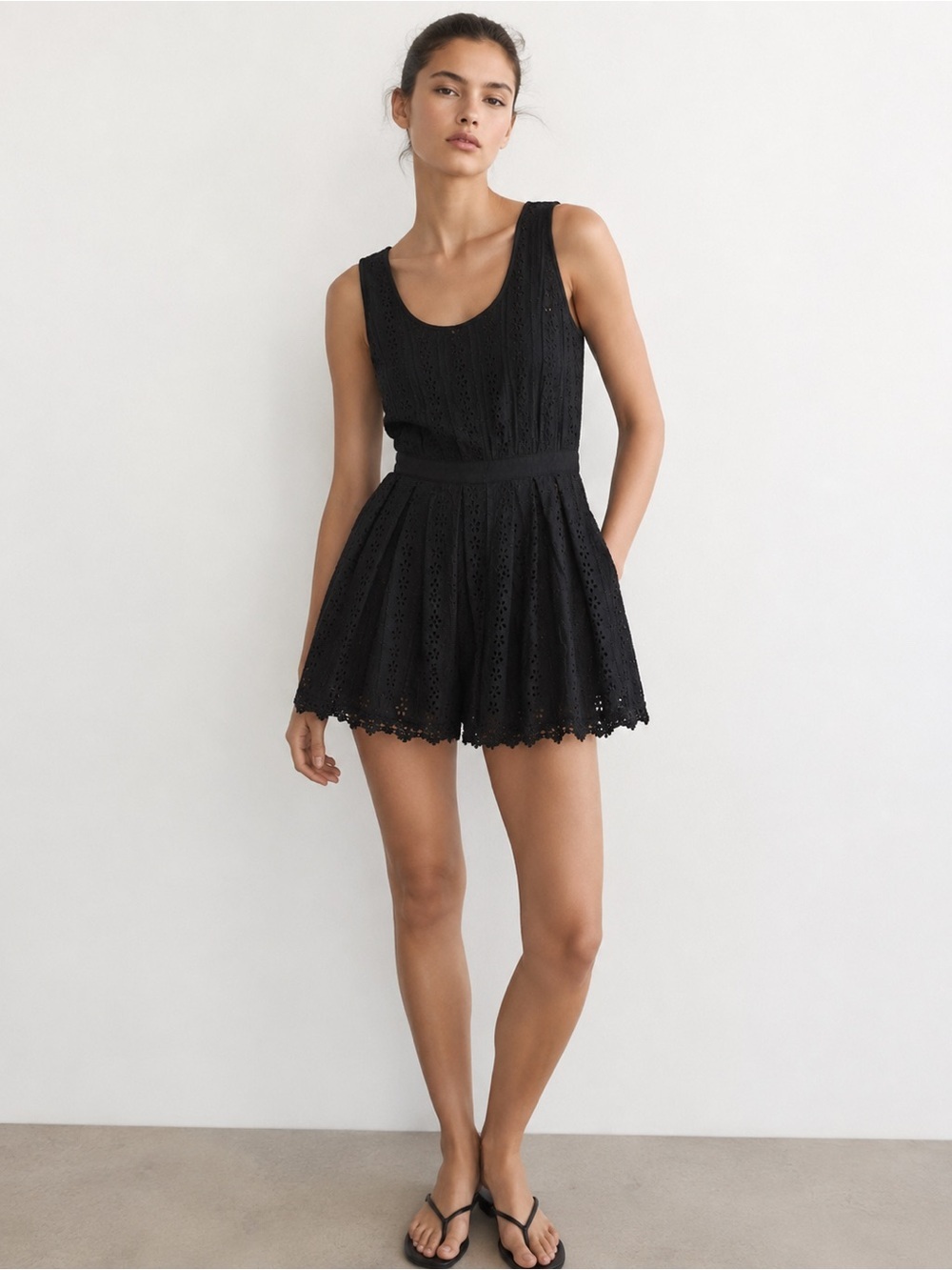 Double Zero | M | Black Eyelet Sleeveless Skater Romper/Jumpsuit